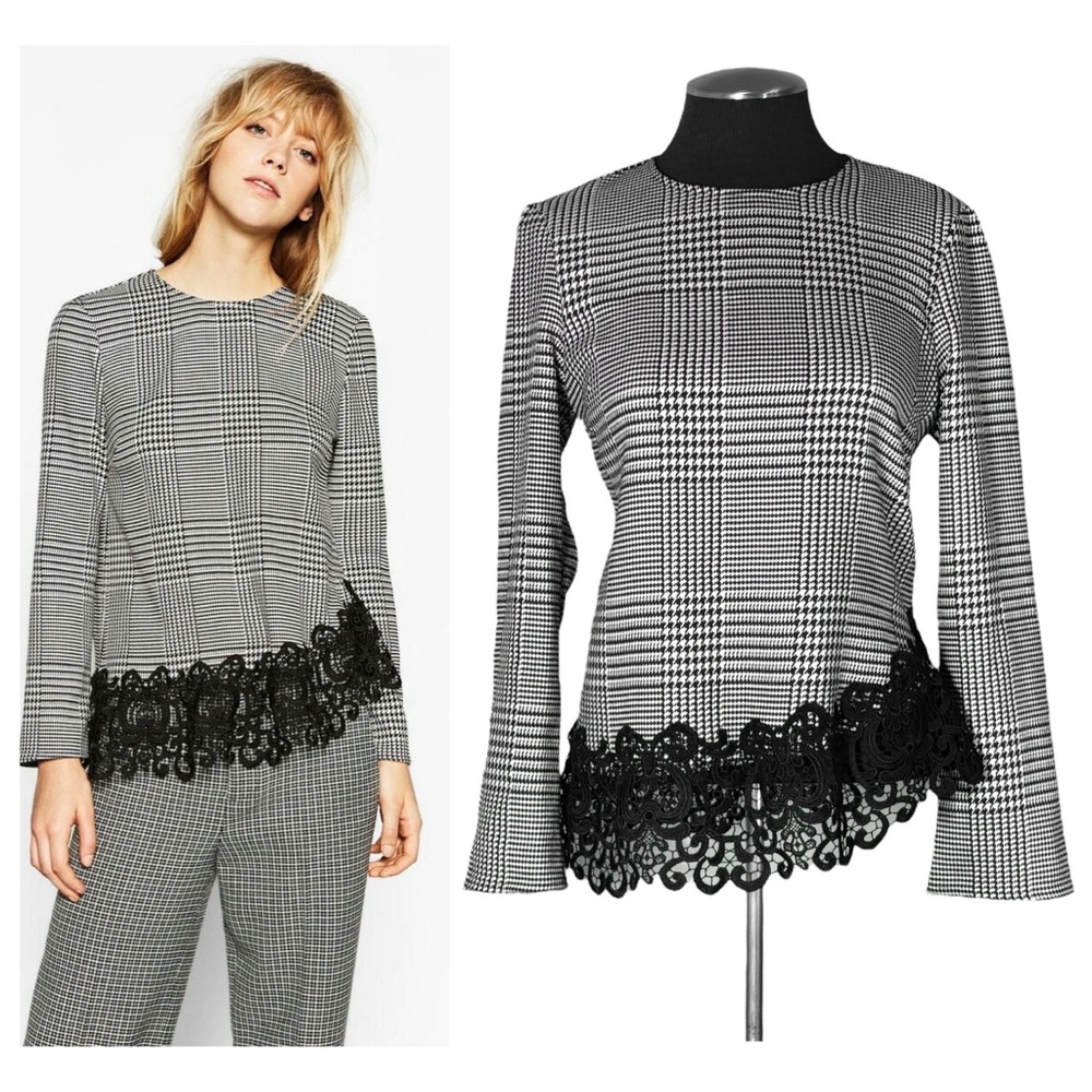 Zara Woman – Houndstooth Asymmetrical Lace Hem Long Sleeve Top – Small